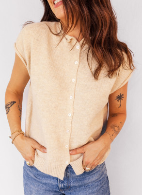 Apricot Buttoned Front Rolled Hem Cap Sleeve Sweater Top