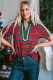 Red Plaid Print Contrast Trim V Neck Short Sleeve Blouse