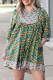 Green Plus Size Mixed Floral Print Striped Trim Loose Mini Dress