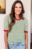 Green Stripe Short Puff Sleeve Contrast Trim Round Neck Tee