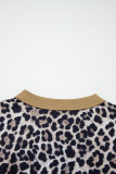 Brown Leopard Print Color Block Patchwork 3/4 Sleeve Loose Top