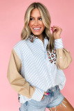 Sky Blue Stripe Colorblock Leopard Patchwork Chest Pocket Cuffed Sleeve Shirt