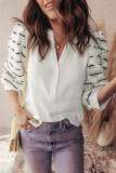 White Button Placket 3/4 Striped Sleeve Patchwork Rib Knit Top