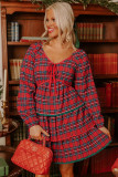 Red Plaid Print Ricrac Tiered Bubble Sleeve Mini Dress