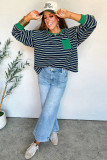 Green Stripe Ribbed Color Block Patchwork Crew Neck Patch Pocket Long Sleeve Top