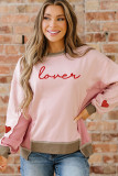 Light Pink Waffle Color Block Patchwork lovers Embroidered Letter Graphic Sweatshirt