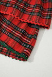 Red Plaid Print Ricrac Tiered Bubble Sleeve Mini Dress