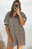 Khaki Leopard Print Zip Neck Striped Webbing Patchwork T Shirt Mini Dress