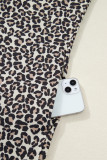 Khaki Leopard Print Zip Neck Striped Webbing Patchwork T Shirt Mini Dress