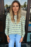 Green Floral Print Lace Detail Ruffle Trim Long Sleeve Blouse