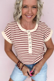 Red Stripe Half Buttons Round Neck T Shirt