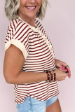 Red Stripe Half Buttons Round Neck T Shirt