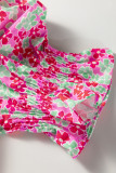 Rose Blooms Floral Collared V Neck Short Puff Sleeve Blouse Top