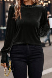 Black Frilled Collared Smocked Cuffs Puff Sleeve Velvet Blouse