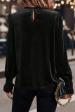 Black Frilled Collared Smocked Cuffs Puff Sleeve Velvet Blouse