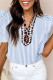 Sky Blue Stripe Ricrac Trim Short Puff Sleeve Leopard Patchwork Collar V Neck Blouse