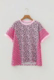 Pink Leopard Striped Patchwork Side Slit Loose Short Sleeve Top