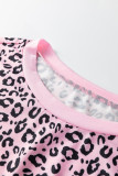 Pink Leopard Striped Patchwork Side Slit Loose Short Sleeve Top