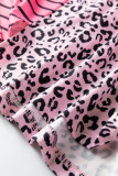 Pink Leopard Striped Patchwork Side Slit Loose Short Sleeve Top