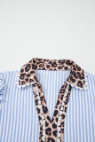 Sky Blue Stripe Ricrac Trim Short Puff Sleeve Leopard Patchwork Collar V Neck Blouse