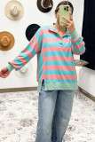 Pink Stripe Colorblock Drop Shoulder Buttoned Collar Side Slit Pullover Top