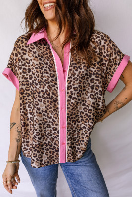 Leopard Print Contrasted Trim Animal Short Sleeve Shirt