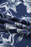 Blue Floral Print Short Puff Sleeve Striped Trim V Neck Blouse