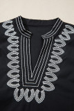 Black Short Puff Sleeve Contrast Embroidered Detail V Neck Blouse