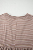 Khaki Stripe Buttoned V Neck High Low Side Slit T Shirt