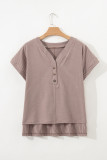 Khaki Stripe Buttoned V Neck High Low Side Slit T Shirt