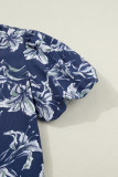 Blue Floral Print Short Puff Sleeve Striped Trim V Neck Blouse