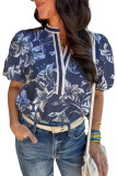 Blue Floral Print Short Puff Sleeve Striped Trim V Neck Blouse