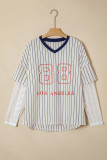Blue Stripe 88 LOS ANGEL Graphic Lace Patchwork Faux Two Piece V Neck Top