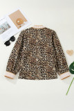 Khaki Contrast Striped Trim V Neck Leopard Shirt