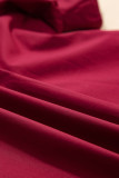 Burgundy Rivet Embellished V Neck Short Puff Sleeve Blouse