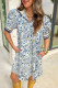 Blue Floral Print Striped Webbing Patchwork Collar Short Sleeve Mini Dress