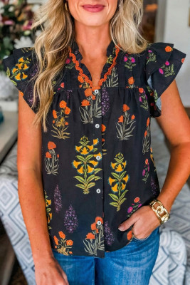 Black Floral Print Lace Trim Frilled V Neck Short Sleeve Shirt
