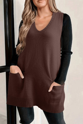 Dark Brown Ribbed Deep V Neckline Front Pocketed Loose Tunic Sweater Vest
