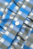 Sky Blue Plaid Long Sleeve Frilled Detail Half Button Blouse