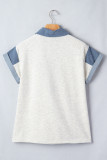 Light Grey Denim Color Block Patchwork Shirt Collar Short Sleeve Blouse
