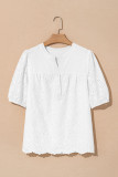 White Lace Crochet V Neck Half Sleeve Embroidery Button Down Blouses Casual Shirts