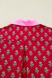 Red Floral Print Contrasted V Neck Short Bubble Sleeve Mini Dress