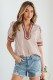 Khaki Stripe Collared Split Neck Short Bubble Sleeve Blouse