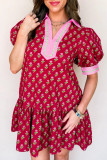 Red Floral Print Contrasted V Neck Short Bubble Sleeve Mini Dress