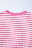 Pink Stripe Textured Knit Contrast Trim V Neck Short Sleeve Top