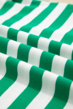 Green Stripe Collar V Neck Ruffled Short Sleeve Blouse