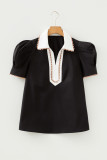 Black Ricrac Trim Color Block Patchwork Shirt Collar Short Sleeve Blouse