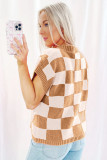 Light French Beige Colorblock Plaid Pattern Ribbed Trim Sweater Tank Top