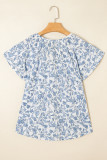 Sky Blue V-neck Short Sleeve Fashion Print Fantasy Fluttering Blouse