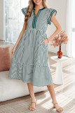 Green Stripe Double Ruffled Short Sleeve Contrast Trim V Neck Midi Dress